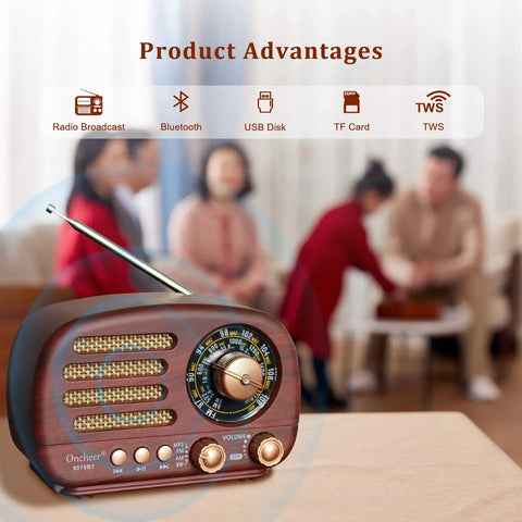 Retro Portable Bluetooth Speaker Radio With FM AM SW Bands on a table, adjustable antenna, wood finish, family in background