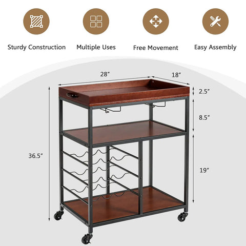 Slick Rolling Kitchen Island Cart With Rustic Brown Wood And Steel Frame Nine Bottle Wine Rack Double Glass Holders Lockable Wheels Utility Beverage Trolley For Tight Spaces And Weekend Kickbacks