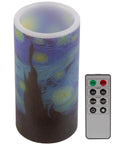 Van Gogh Starry Night Flameless Candle with remote, battery-operated LED featuring realistic glow and vanilla scented wax