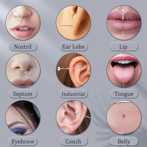 Piercing styles for nostril, ear lobe, lip, septum, industrial, tongue, eyebrow, conch, and belly using Piercing Ball Grabber Kit.