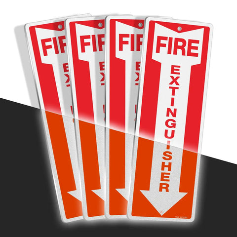 Four Metal Fire Extinguisher Signs, 12x4 Inch Aluminum, Rust Free Heavy Duty, Reflective Waterproof Weatherproof, 2 Pre Drilled Holes.