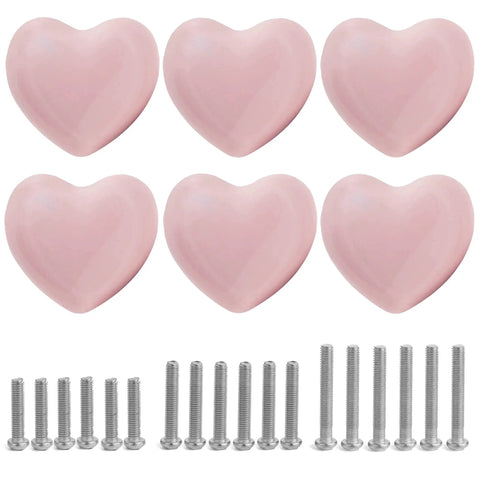 Heart Shaped Ceramic Drawer Knobs Set Of 6 With 3 Sized Screws For Cabinets, Dressers, Closets And Wardrobes Powder Pink Durable Glazed Ceramic Furniture Pulls Handles For Home Makeover And Easy Install Boss Vibe, 41x45mm heart knobs with screws