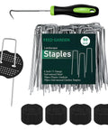 Heavy Duty 6 Inch Galvanized Landscape Staples 50 Pack displayed with included gaskets and pick hook for weed barrier fabric.