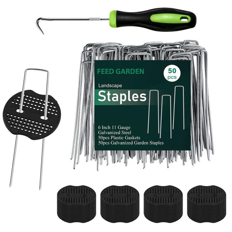 Heavy Duty 6 Inch Galvanized Landscape Staples 50 Pack displayed with included gaskets and pick hook for weed barrier fabric.
