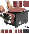 Versatile Mini Belt Disc Sander With 6-Inch Sanding Wheel And Small Grinder For Wood Metal Working, showing sanding action.
