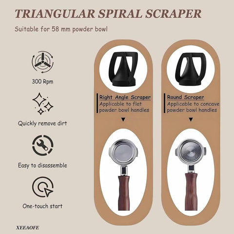 Triangular Spiral Scraper for 58mm powder bowl, featuring right angle and round scrapers for efficient dirt removal.