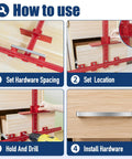 How to use Dead On Accuracy Cabinet Drill Jig for perfect handle alignment, showing hardware spacing, location, drilling, and installation steps.
