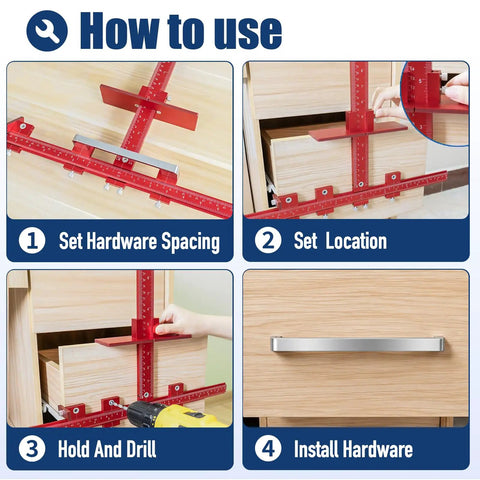 How to use Dead On Accuracy Cabinet Drill Jig for perfect handle alignment, showing hardware spacing, location, drilling, and installation steps.