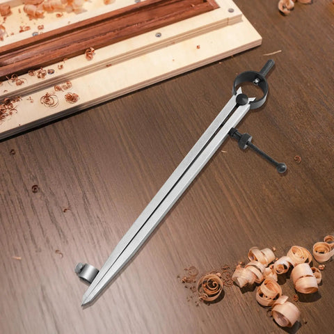 Rock Solid 8 Inch Woodworking Compass And Carbon Steel Scribe Divider on wooden surface with wood shavings.