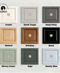 Display of 1 Inch Brushed Nickel Cabinet Knobs on nine different colored wood panels, showing finish diversity.