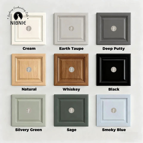 Display of 1 Inch Brushed Nickel Cabinet Knobs on nine different colored wood panels, showing finish diversity.