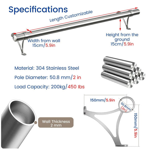 Durable Bar Foot Rail Kit With 13 Ft 2 In OD Tubing Brackets End Caps And Internal Connector Complete DIY Installation Hardware