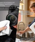 Hella Durable Zero Lint Cleanroom Cloth Wipes Made From Premium Polyester Microfiber measuring four by four inches, cleaning camera lenses and kitchen surfaces.