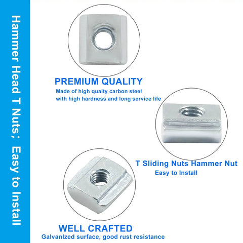 Diagram showing 50Pcs 2020 Series Sliding T Nuts Carbon Steel M4 T Slot Nut Hammer Head M3 T Sliding Nuts with features and installation ease.