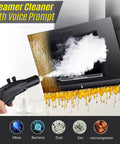 Beast 1800W High Pressure Handheld Steam Cleaner cleaning a range hood, emitting 100°C steam, tankless design