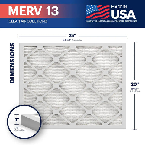 20 By 25 By 1 Inch Air Filter MERV 13 4 Pack Electrostatic Pleated Replacement For HVAC System Made In USA dimensions diagram