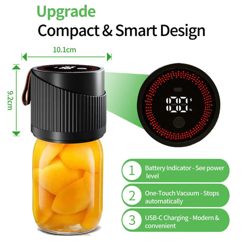 Auriswell Electric Mason Jar Vacuum Sealer Kit For Wide And Regular Mouth Jars with digital display and jar of sliced fruit.