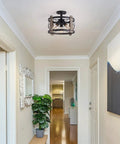 Matte Black 13 Inch Flush Mount Light Fixture With Rustic Farmhouse Vibe in a hallway ceiling with decor view