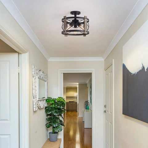 Matte Black 13 Inch Flush Mount Light Fixture With Rustic Farmhouse Vibe in a hallway ceiling with decor view