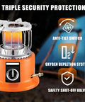 Go To All In One Propane Heater And Stove Portable with 6 Ft Regulating Valve, shown with safety features highlighted.