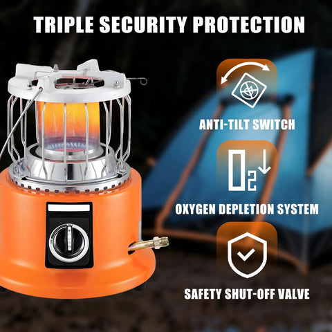 Go To All In One Propane Heater And Stove Portable with 6 Ft Regulating Valve, shown with safety features highlighted.