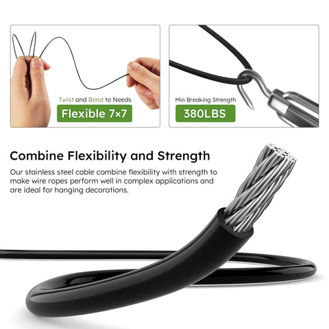 Close-up of Black Vinyl Coated Wire Rope One Sixteenth Inch 328 Feet Stainless Steel Cable with flexibility and strength