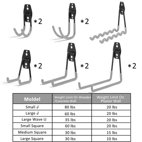 Heavy Duty Garage Storage Hooks Set For Wall Mount Organization 12 Piece Hook Rack For Ladders Bicycles And Gardening Tools Rustproof Iron With PVC Anti Slip Coating Grey shown in different sizes with weight limits chart