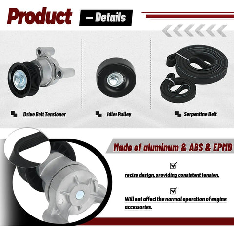 Drive Belt Tensioner And Serpentine Belt Kit With Idler Pulley For Silverado Tahoe Avalanche Yukon Sierra Hummer H2 H3 2009 2013 V8 Engines 4.8L 5.3L 6.0L 6.2L Beefy Replacement Easy Install product details image showing tensioner, pulley, and belt.