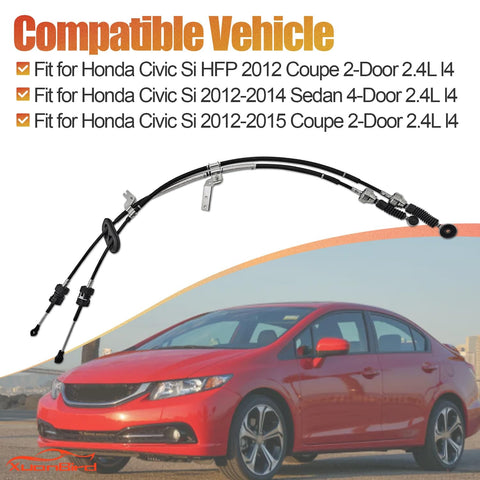 Image of Honda Civic Si 2.4 L shifter cable replacement next to red 2012-2015 Honda Civic Si sedan, manual transmission compatible.