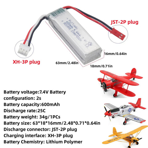 Two Pack 2S 7.4V 600mAh Li-Ion Batteries With 2in1 Charger for XK A280 A160 A300, shown with JST-2P connector and dimensions