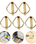 Heavy Duty Linch Pin Lock Shaft Fastener Secures Tractor Trailer Axles With Reliable Spring Loaded Action Made From Durable Carbon Steel And Golden Finish For Industrial Jobs And Heavy Work, shown in a set of five.