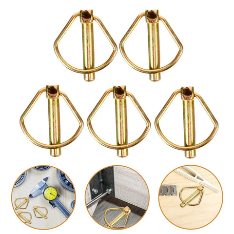 Heavy Duty Linch Pin Lock Shaft Fastener Secures Tractor Trailer Axles With Reliable Spring Loaded Action Made From Durable Carbon Steel And Golden Finish For Industrial Jobs And Heavy Work, shown in a set of five.