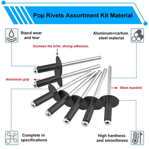 Black pop rivets showcasing aluminum grip and steel mandrel, part of 800Pcs Black Pop Rivets Kit With Large Flange Rivets Assortment.