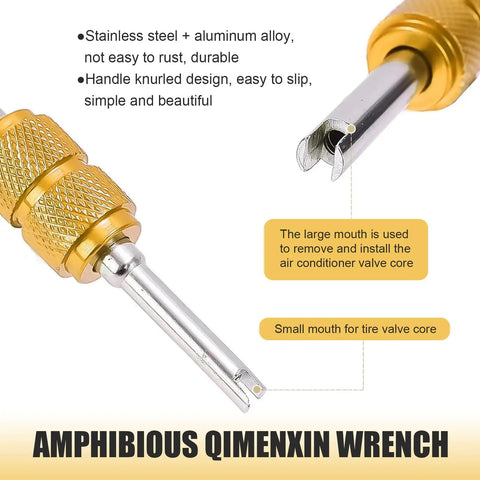 Close-up of a gold knurled wrench for Air Conditioning Valve Core Kit 16 Pack R134A Universal AC Service Valves And Pressure Caps