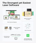 Laser engraving software interface with smart AI drawing, multiple devices, vector editing, and auto-path planning features