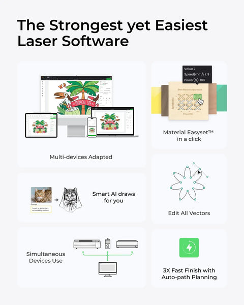 Laser engraving software interface with smart AI drawing, multiple devices, vector editing, and auto-path planning features