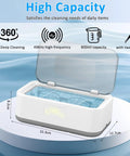 Deep Clean 49KHz Jewelry Cleaner Machine With 800ml Tank And 5 Timer Modes showing open tank, dimensions, and features