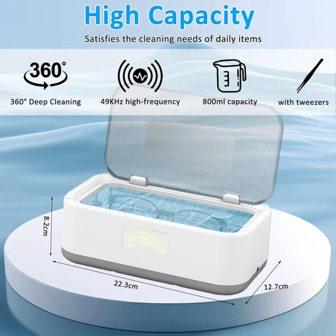 Deep Clean 49KHz Jewelry Cleaner Machine With 800ml Tank And 5 Timer Modes showing open tank, dimensions, and features