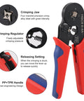 Crimp Tool Kit With 1200 Wire Terminals And Insulated Connectors For AWG 23 To 7 showing crimping jaw and handle features