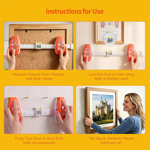 Slick 3 In 1 Picture Hanging Tool With Built In Bubble Level And Magnetic Nail Setter Dead Nuts Accurate Measuring Guide For Fast Frame Wall Mounting Includes 50 Sturdy Nails For Hassle Free Home Decor Setup