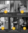 Images showing problems with key insertion, lock cylinder, lock tongue, door closure, and loud noise; highlighting common lock issues.