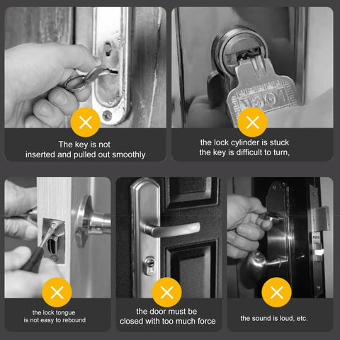 Images showing problems with key insertion, lock cylinder, lock tongue, door closure, and loud noise; highlighting common lock issues.