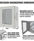 Precision engineering dimensions of Beefed Up EV Charging Station Shelter featuring tempered glass panel and solid key lock.