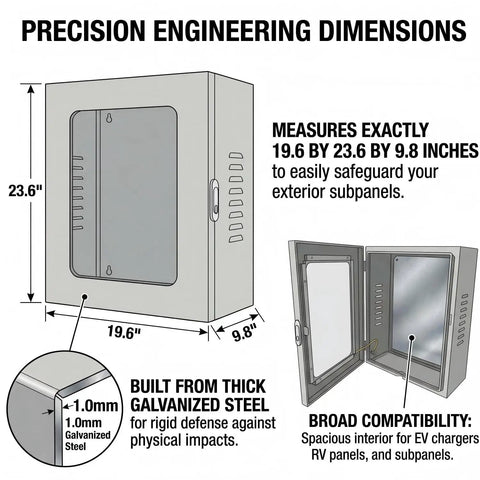 Precision engineering dimensions of Beefed Up EV Charging Station Shelter featuring tempered glass panel and solid key lock.