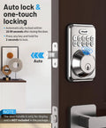 Smart Fingerprint Door Lock With Keyless Entry And 20 Biometric Fingerprints For Quick Access No Key Fumbles Auto Anti Peeping Password And User Codes IP54 Waterproof Easy Install And Fast Unlock For Your Home displayed on a door with digital keypad and auto lock features.