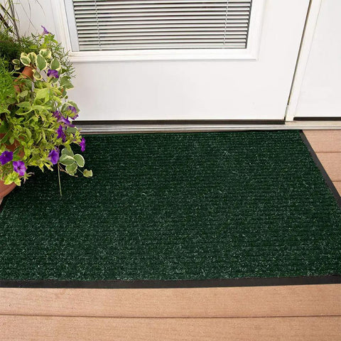Industrial Door Mat 2x3 Heavy Duty Commercial Rug For Businesses Welcome Lobbies Garage And Mudrooms Made In USA Hunter Green Brush Step 109S0023GN Scrapes Shoes And Traps Dirt To Keep Floors Cleaner in outdoor setting