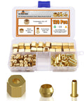 Front view of brass 1/4 in compression fittings kit, 120 pcs, in clear plastic case with sleeves and inserts and nuts.