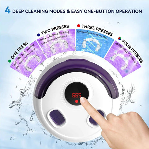 Finger pressing button on Ultrasonic Retainer Cleaner Machine 45kHz for Retainers Dentures Mouth Guards Aligners Braces