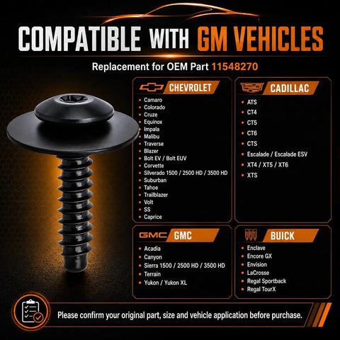 Top Shelf Heavy Duty 12 Pack Fender Liner Bolts With Splash Shield Screws For Gm Chevy Gmc Cadillac Buick M4.2 X 1.41, black screw with washer.