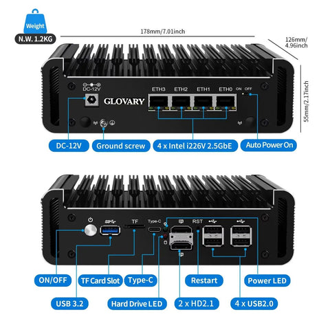 Enjoy No Sweat Cooling On This Celeron J6413 Fanless Mini Pc Hosting Four 2.5 Gigabit Lan Ports For Opnsense Router Rigs, detailed image showing ports and dimensions.